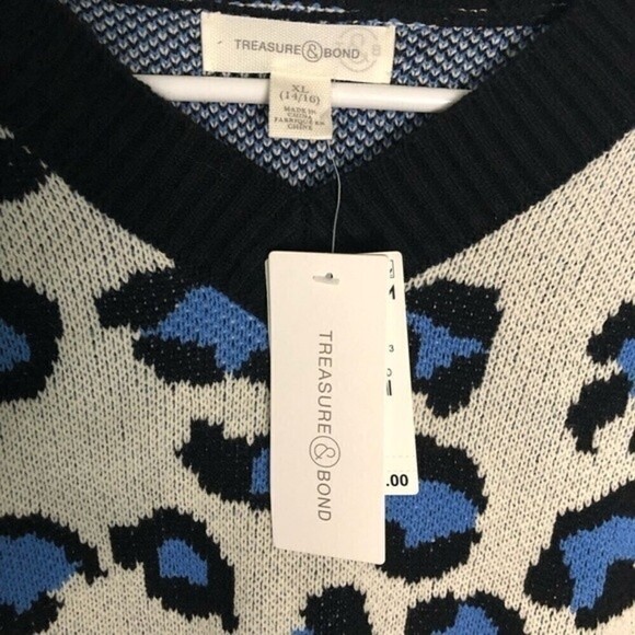 Nwt TREASURE & BOND kids' v-neck crop sweater in ivory dove pop leopard size XL - Picture 6 of 10